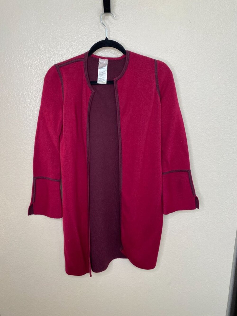 Chicos Womens Open Front Cardigan Size S Ruby Red Knit Jacket Cotton Reversible - Picture 2 of 6